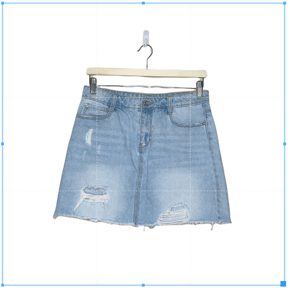 Pimki Skirt Blue Denim Mini Destroyed Raw Hem Button Zip Casual Size Small - Picture 9 of 10